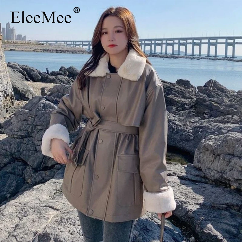 

Женская куртка EleeMee из искусственного кроличьего меха, короткая зимняя искусственная кожа, тонкая молния, Новое поступление 2022, женская вер...