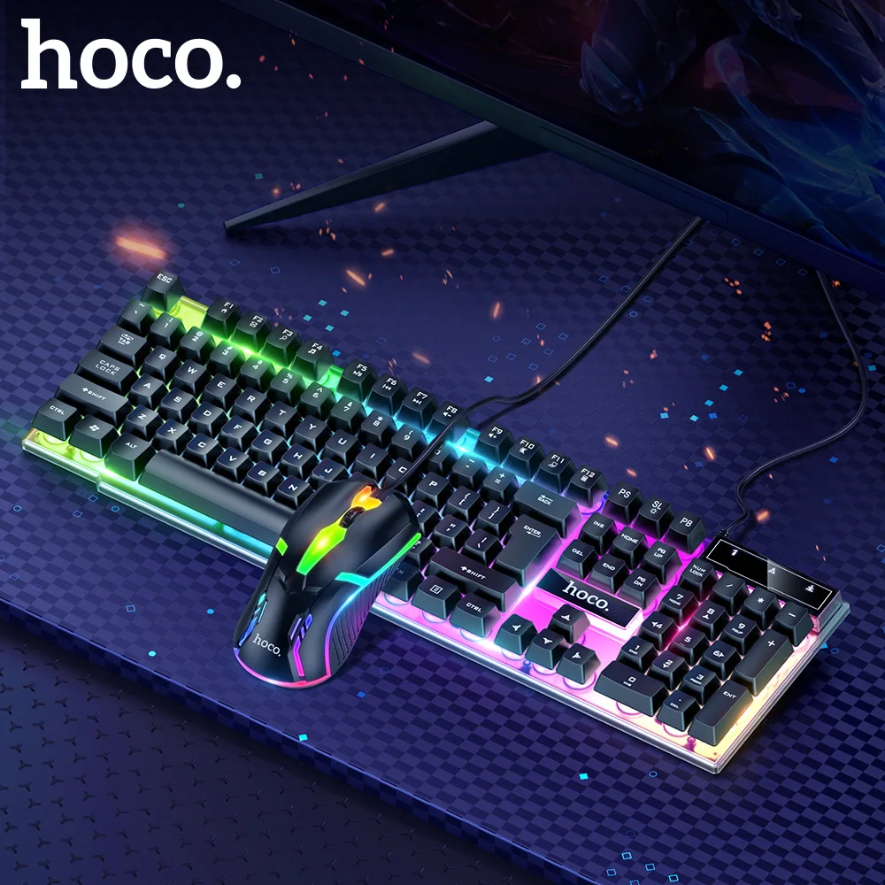 HOCO LED Gaming Keyboard Rainbow Backlight EN RU Version 104key USB Wired Mechanical Keyboard with Mouse Set For Gamer PC Laptop