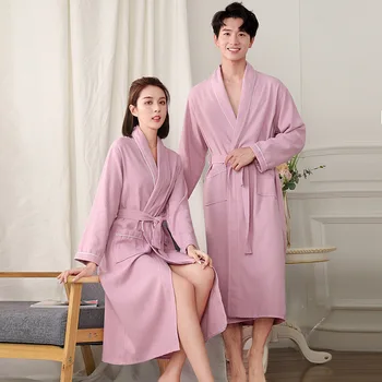 Waffle Bathrobe Hotel Couple Night Gown Men And Women Absorbent Sleepwear Beauty Salon Steamed Clothes Spring And Autumn