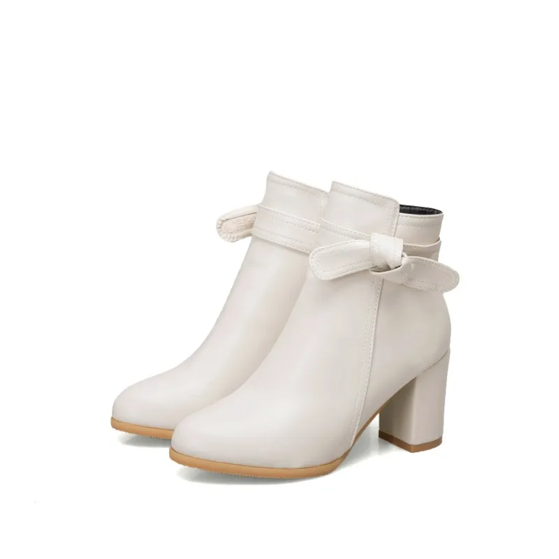 Большой Размеры 1 мадам грубый каблук полусапожки Чистый цвет бантом