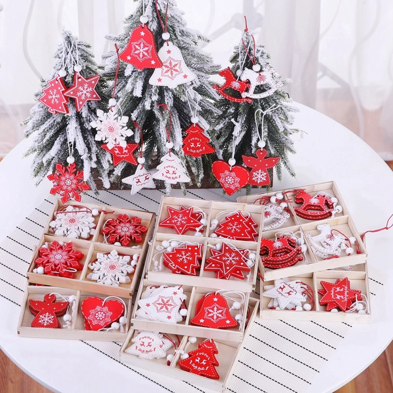

12pcs/set Christmas Wooden Crafts Hanging Ornaments Christmas Tree Pendants Home Wall Hanging New Year Party Decoration Supplies