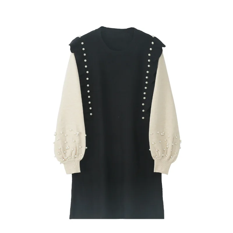 

Hihg Quality Sweater Elegant Dress Ruffles Beading Women Knitted Dresses Long Sleeve A-line Casual Office Lady Vestido Feminino