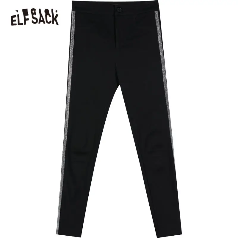 

ELFSACK Black Solid Minimalist Skinny Women Legging Pants,2020 Winter ELF High Elastic Waist Korean Ladies,Basic Daily Pants