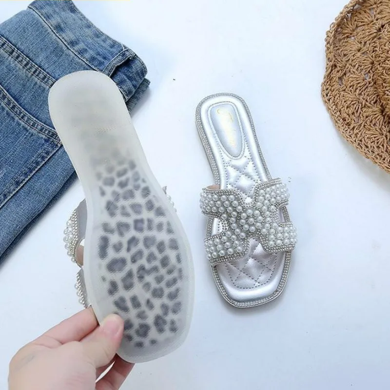 

Flat Slippers Women Shoes Summer Open Toe Pearle Slippers Women Indoor Home Soft Sole Slides Size 34-40