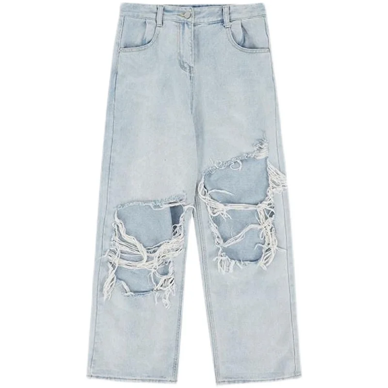 

M - 4XL Ripped Jeans Women 2021 New High Street Straight-leg Pants Female Summer Hip-hop High-waisted Denim Wide-leg Trousers