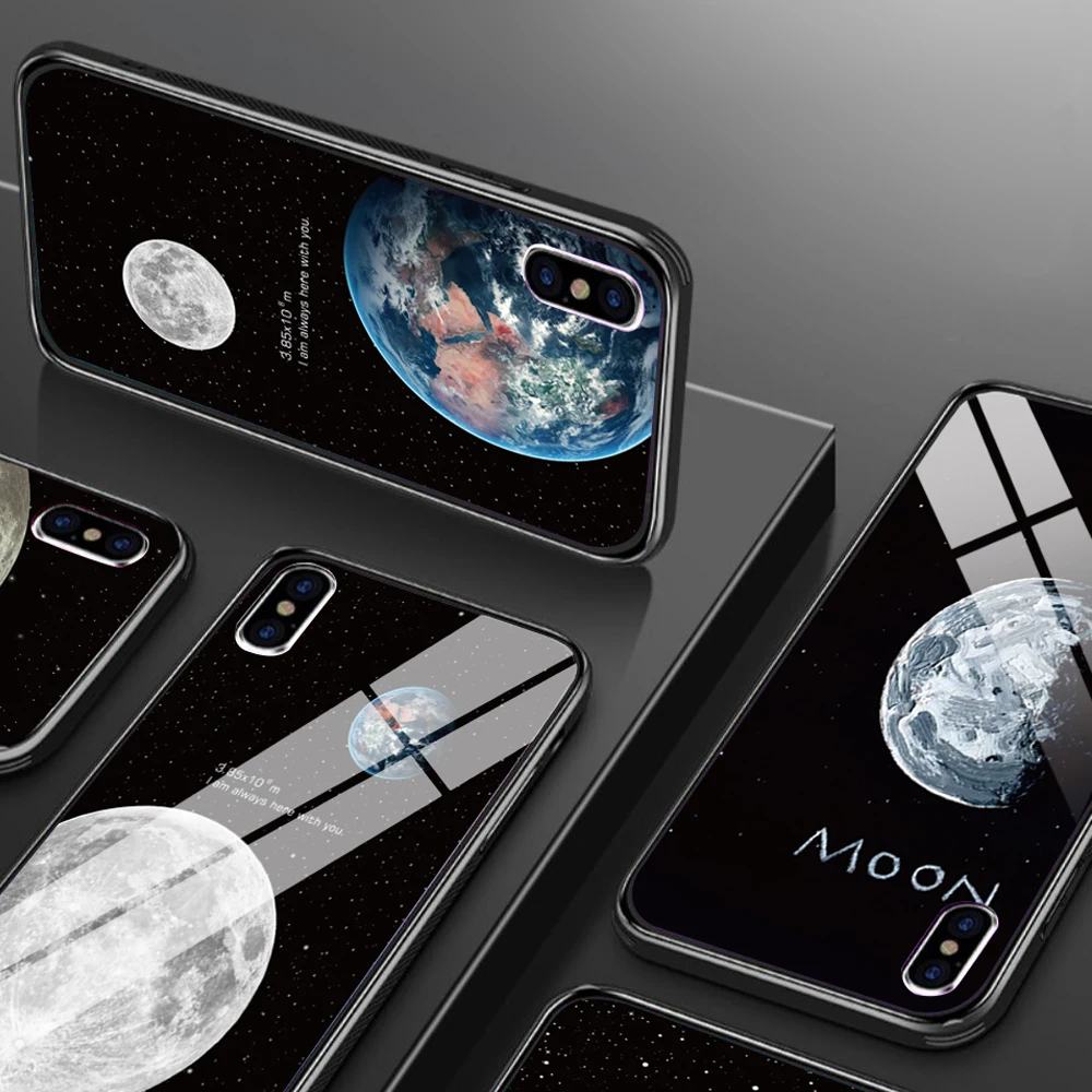 Черный чехол для телефона iPhone XR X XS MAX защитный из закаленного стекла 6 6S 7 8 PLUS Moon 5 5S