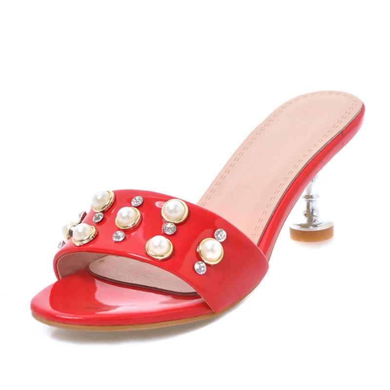 Женские шлепанцы на каблуках-шпильках Модные летние Цвет красный серебристый