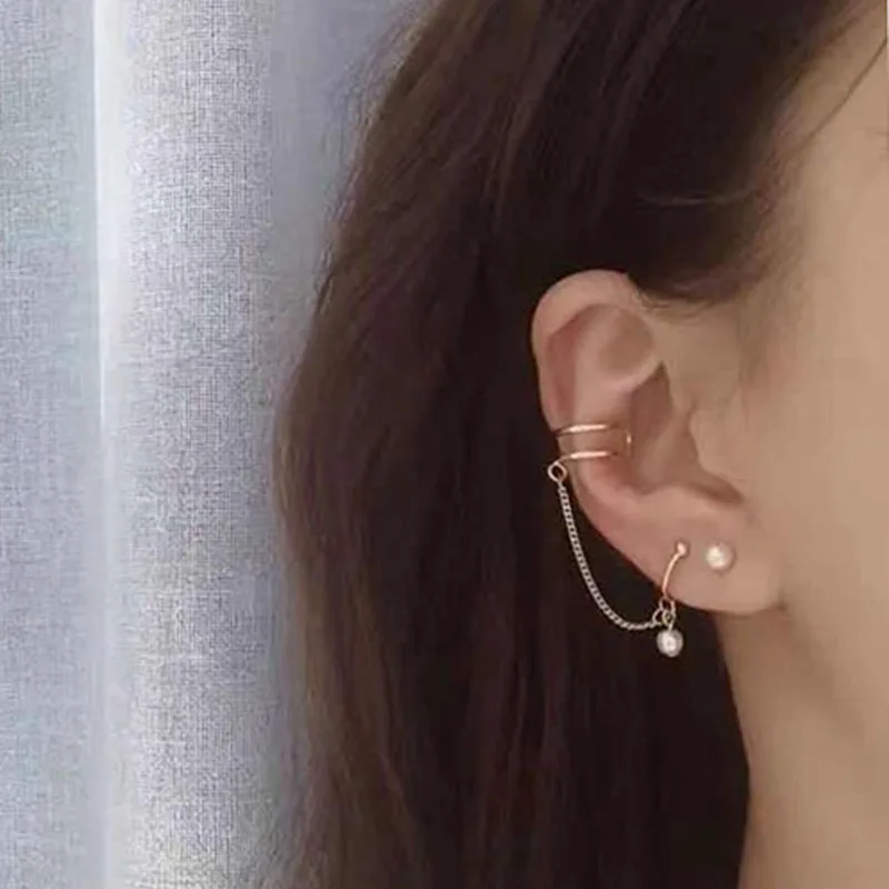 Корейский кисточка золотого цвета цепочка Кафф серьги с имитацией жемчуга кости