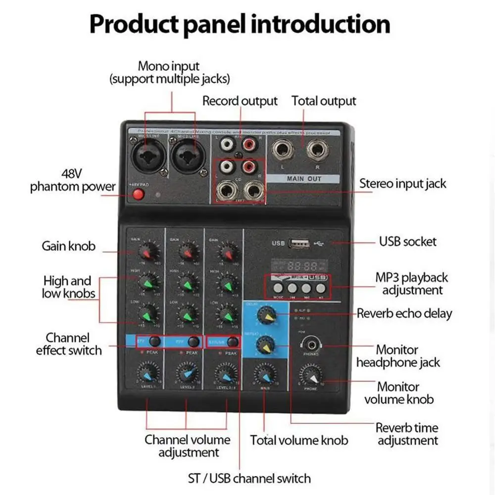 

A4 Sound Mixing Console Bluetooth USB Record Computer Playback 48V Phantom Power Delay Repaeat Effect 4 Channels USB Audio Mixer
