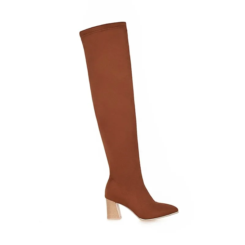 

Woman Thigh High Long Boots 2020 Winter Pointed Toe Block High Heels Zip Over The Knee Suede Stretch Boots Women Plus Size 45 47