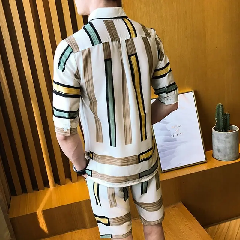 Summer Striped Men's Suit, Ice Silk Short-sleeved Shirt and Shorts, Men's Casual Trendy V-neck  Two Piece Set Summer  Tracksuit