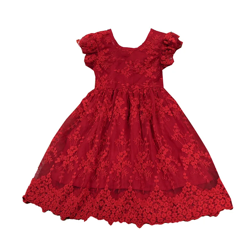 

Summer 2021 New Arrivals Girls Dress Short Sleeve Embroidery Mesh Red Cute Street Wear Dress Vestidos 18M-6T