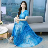 high quality 2021 summer dress for women v collar floral printed short sleeve women chiffon long dress