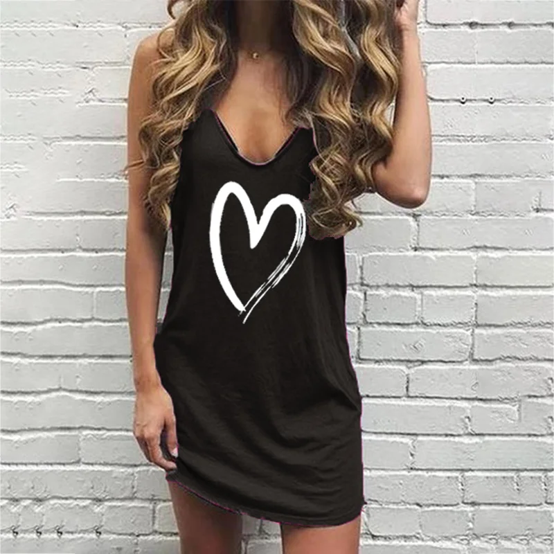 

Heart Pattern Sexy Dress Women V-neck Strap Dresses Female Fashion Casual Club Dress Short Summer 2020 Mini Sleeveless Vestidos