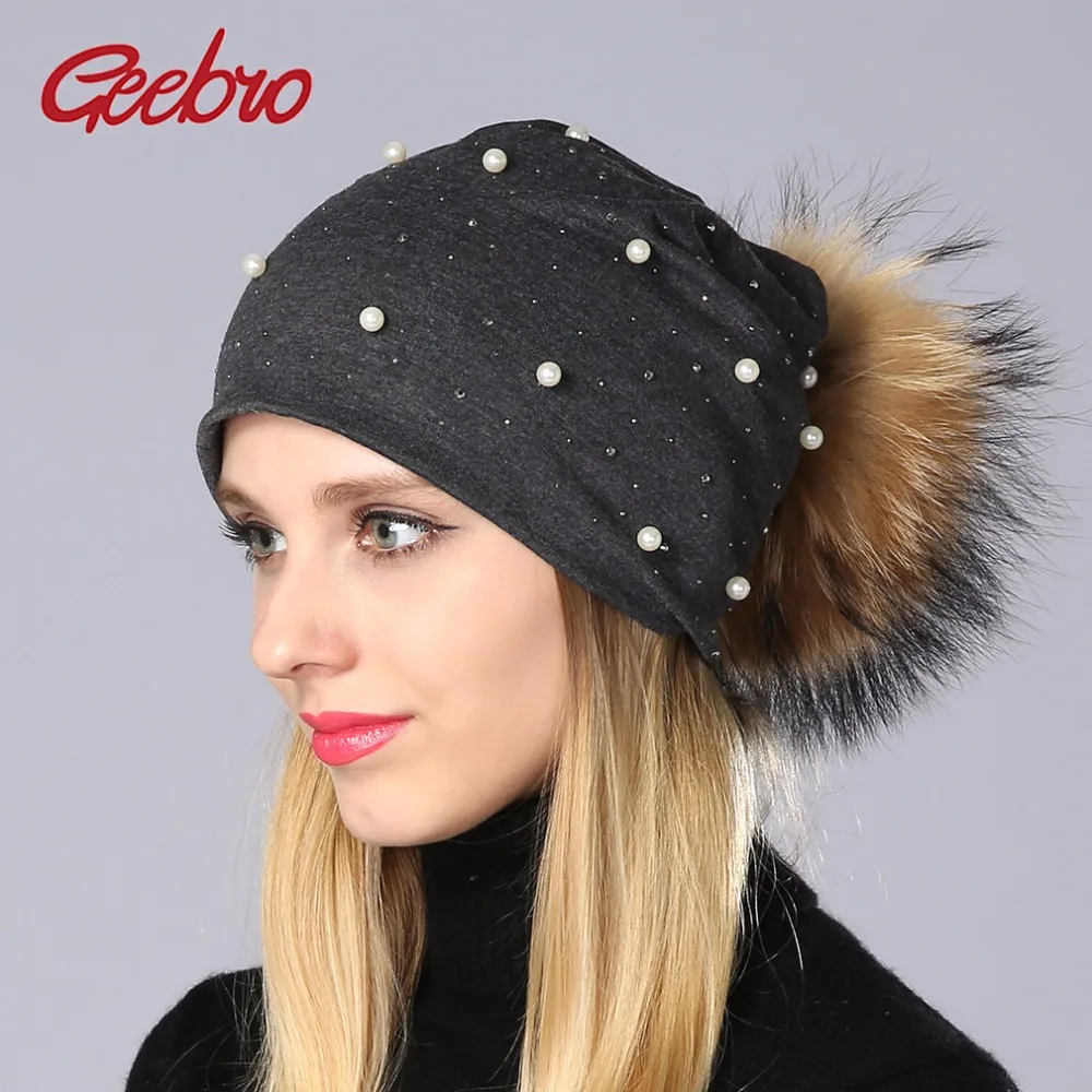 

Geebro Brand Women's New With Pom Pom Beanies Casual Polyester Shine Pearls Rhinestones Bucket Hats Skullies Luxury Caps Bonnet