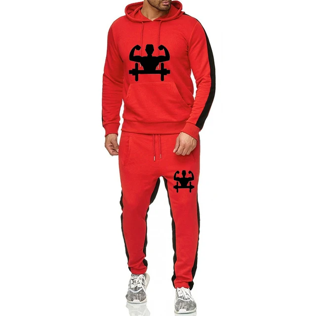 

Two-piece weightlifting print hit color hooded jacket and pants hit color suit mens and womens sweatshirts new jogging pants