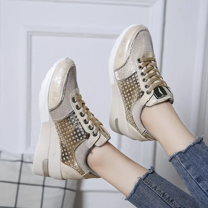 

2021 Women Height Increasing Walking Jogging 6.5 CM Increase Gold Silver Ladies Sport Shoes Comfortable Girl Leopard Sneakers