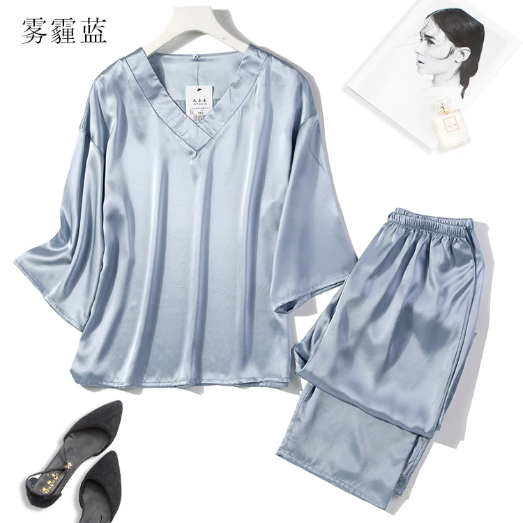 100% Pure Mulberry Silk Women's V Neck Pajama Set Sleepwear Nightwear L XL JN525
