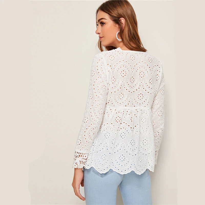 SHEIN белая блузка с v-образным вырезом и вышивкой, с петлей, с баской, женские топы, Осенние праздничные блузки с длинными рукавами и оборками, блузки в богемном стиле