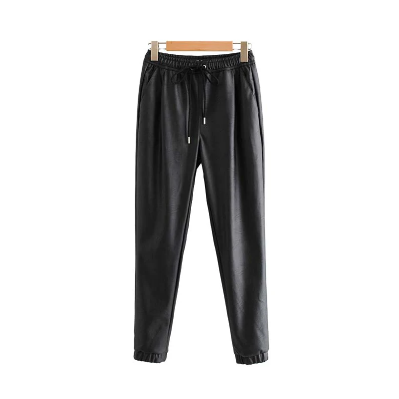

Vintage Stylish Pu Leather Pockets Pants Women 2019 Fashion Elastic Waist Drawstring Tie Ankle Trousers Pantalones Mujer