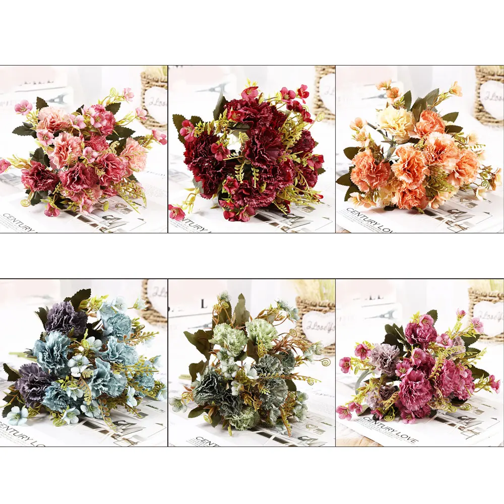 Искусственные цветы гвоздики шелковые лепестки для свадеб букет 5 ветвей домашний стол центральный