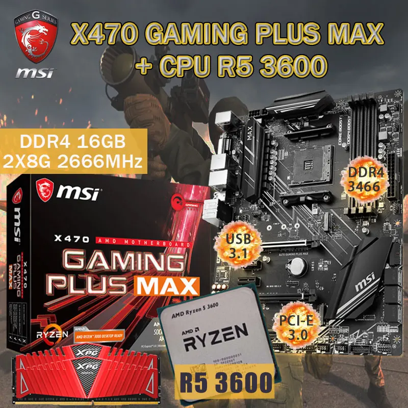 

MSI X470 GAMING PLUS MAX Motherboard + CPU AMD Ryzen 5 3600 + RAM DDR4 16Gb 2666MHz Set M.2 PCI-E 3.0 Placa-mãe AM4 Desktop X470