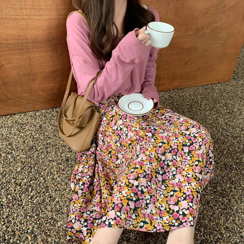 Женская винтажная длинная юбка с высокой талией принтом эластичной в стиле ретро