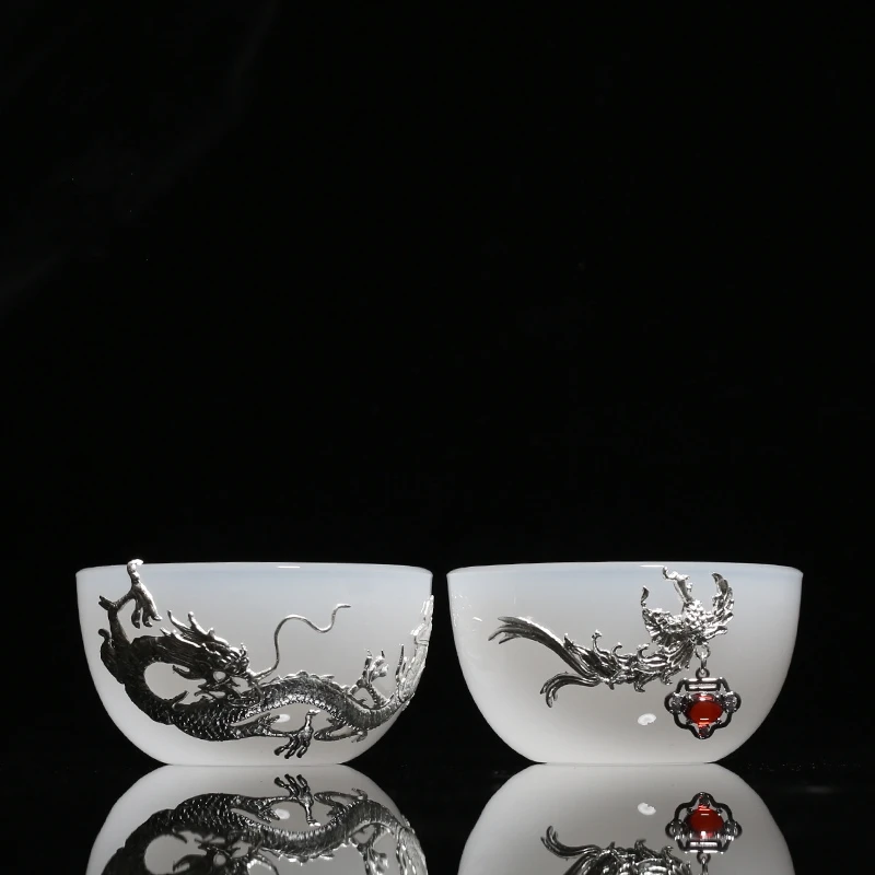 

Silver Dragon Phoenix Jade Porcelain Tea Cup High White Porcelain Tea Set Kung Fu Tea Cups Tea Cup Drinkware Drink Cup Tea Bowl