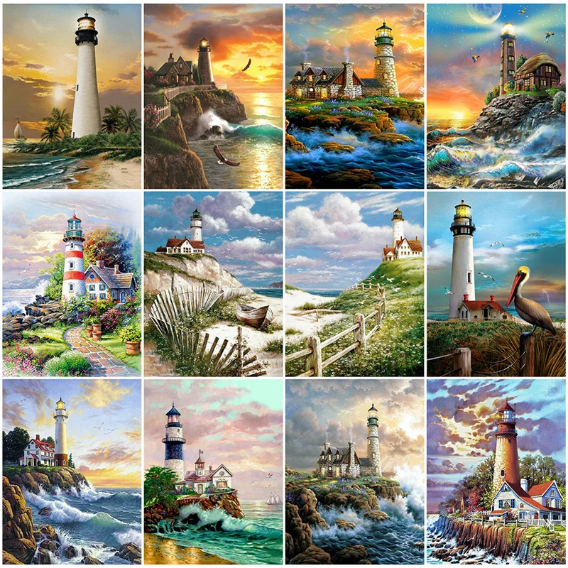

5D Diamond Painting Lighthouse Landscape Full Square Round Drill Diamond Embroidery Cross Stitch Seagull Picture of Rhinestone