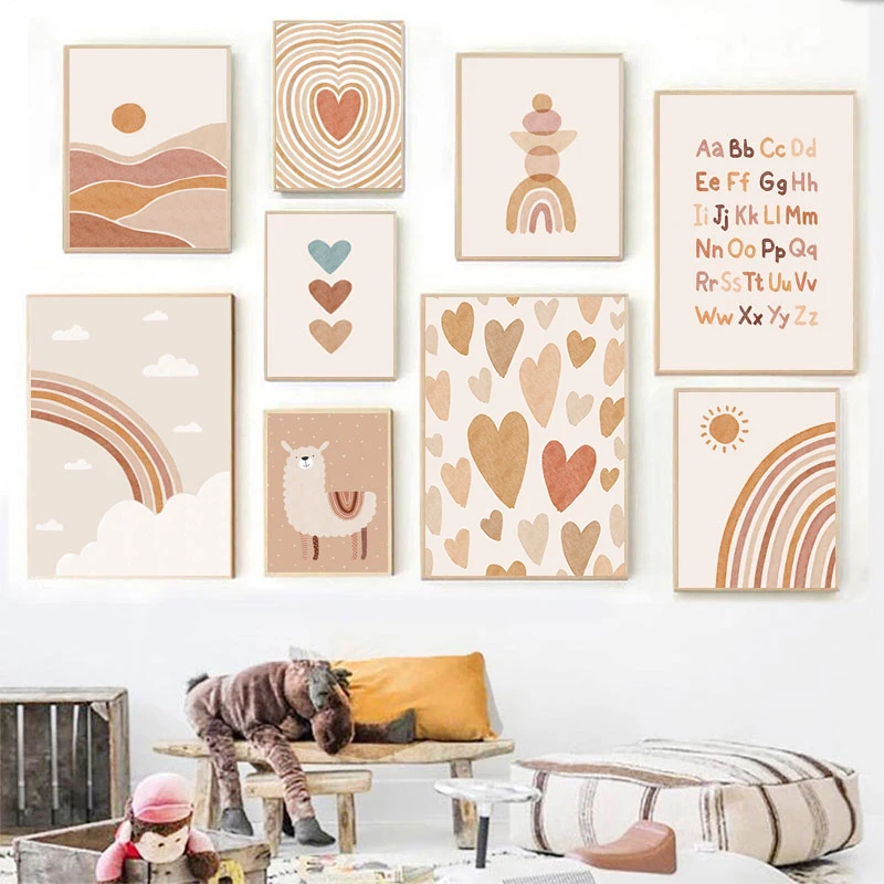 

Nursery Wall Art Posters Sun Rainbow Canvas Painting Alphabet Print Alpaca Poster Nordic Wall Pictures for Baby Room Decoration