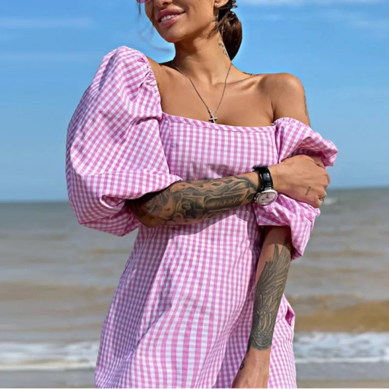 

Summer 2021 Backless Plaid Women Dress Sexy Square Neck Lace Up Lantern Sleeves High Waist Short Sleeves Elegant Mini Dress