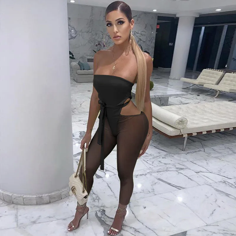 Сексуальные с сеточкой в стиле петчворк комбинезоны без бретелек Облегающий