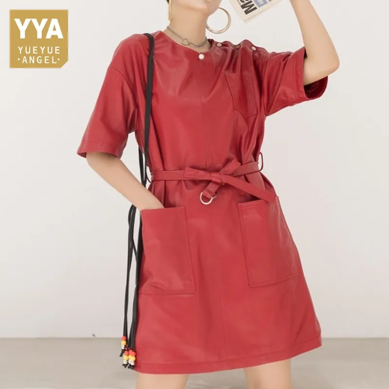 Брендовое платье из натуральной кожи женское уличное с коротким рукавом и