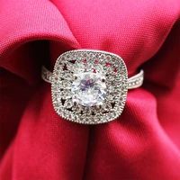 2019 luxury clear zircon hollow out flower square ring silver color cz ring for female engagement wedding jewelry gift