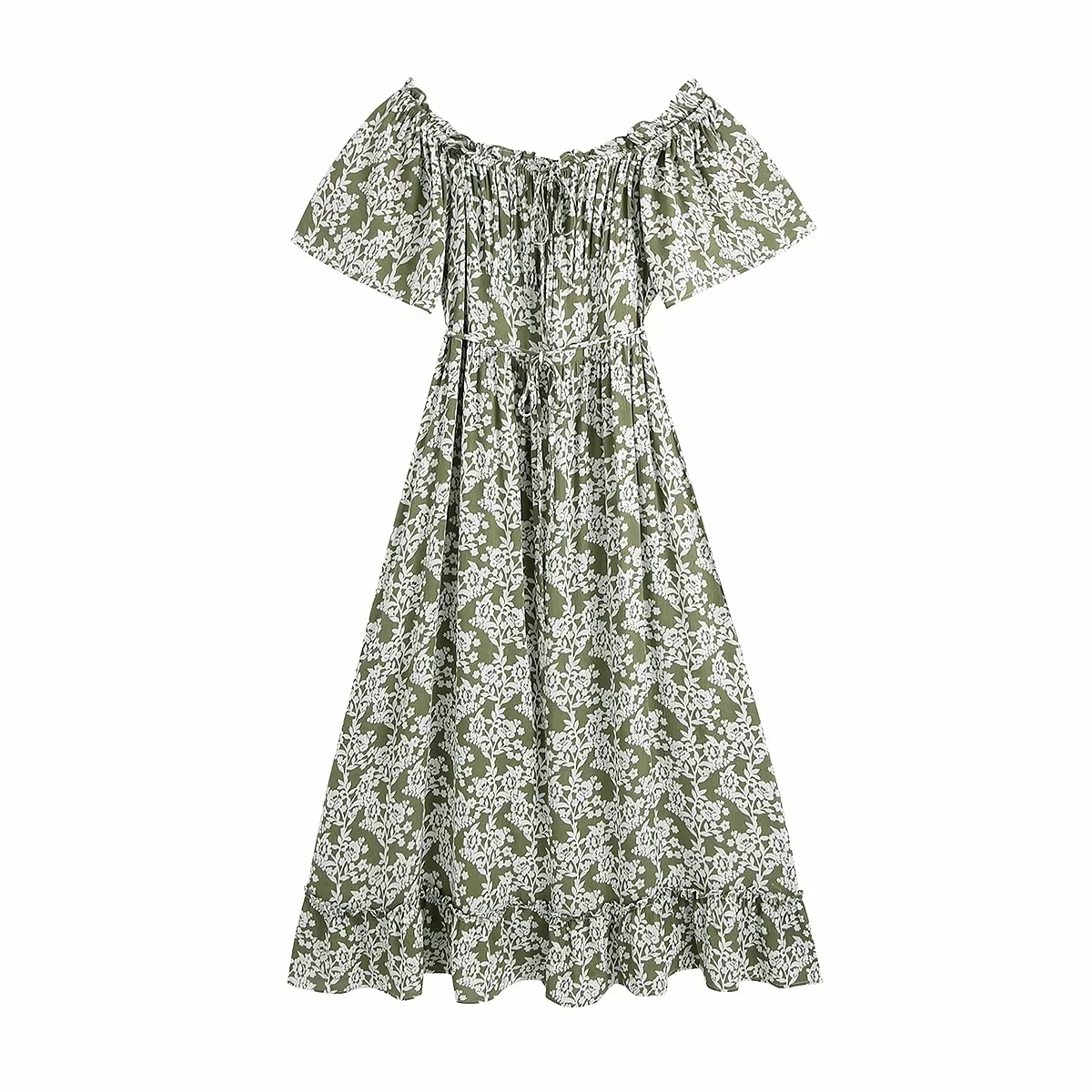 

2021 summer Women One word collar vintage Printed Dresses Tie-string Paisley Midi Dress Tether Off Shoulder floral vestidos lady