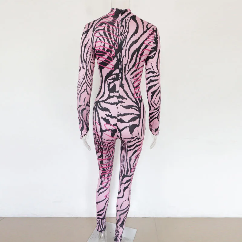 

Beyprern Casual Animal Print Tight Jumpsuits Sexy Outfits Autumn Womens Long Sleeve Zebra Print Zipper Rompers Club Overalls