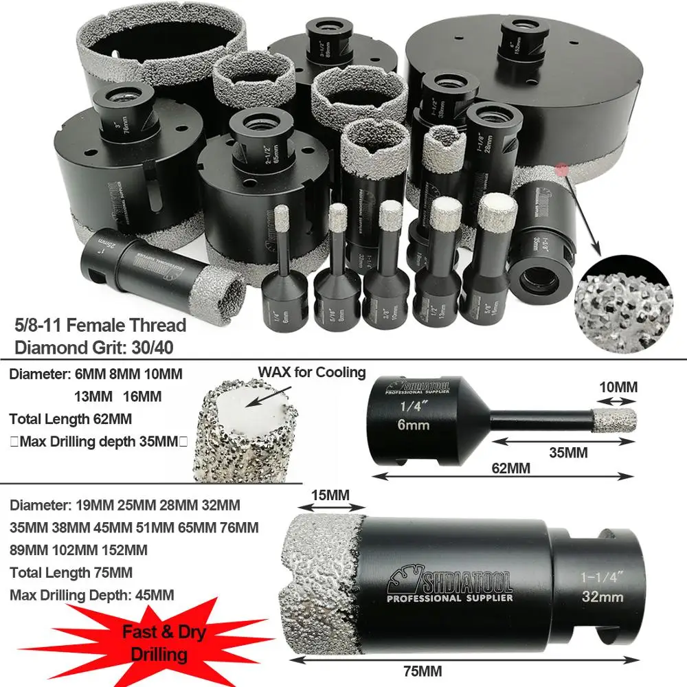 Коронка SHDIATOOL с алмазным напылением для сухого сверления вакуумная насадка