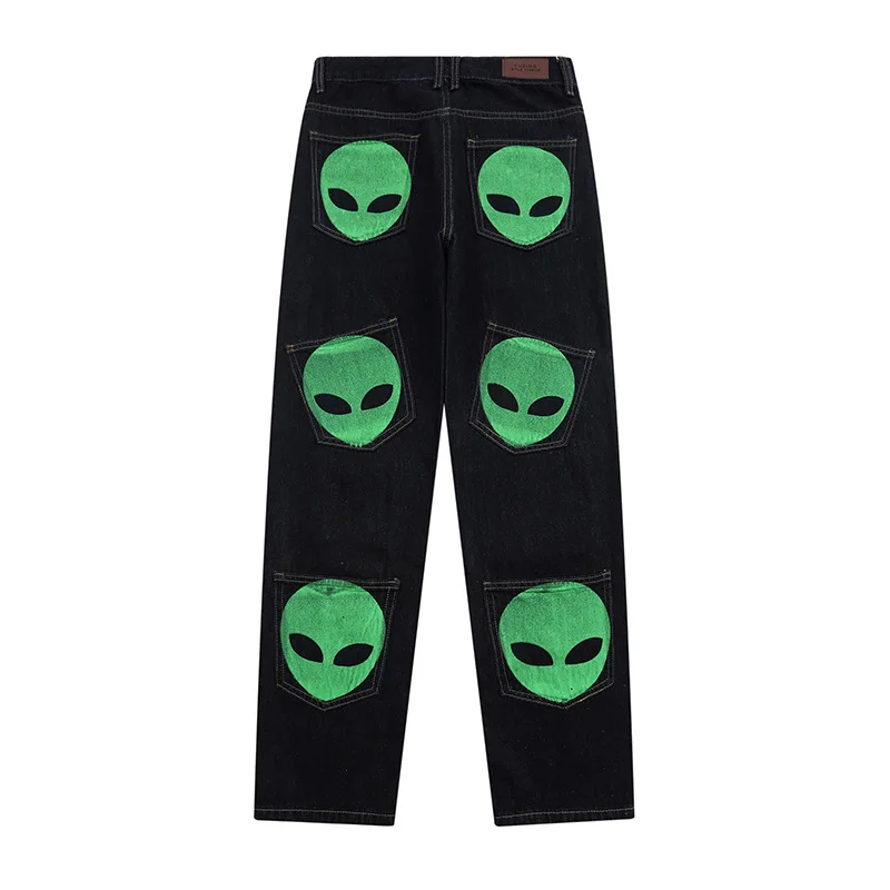 2021 Cartoon Alien Avatar Print Black Straight Oversized Men Denim Trousers Preppy Style Casual Punk Jeans Pants Pantalon Homme