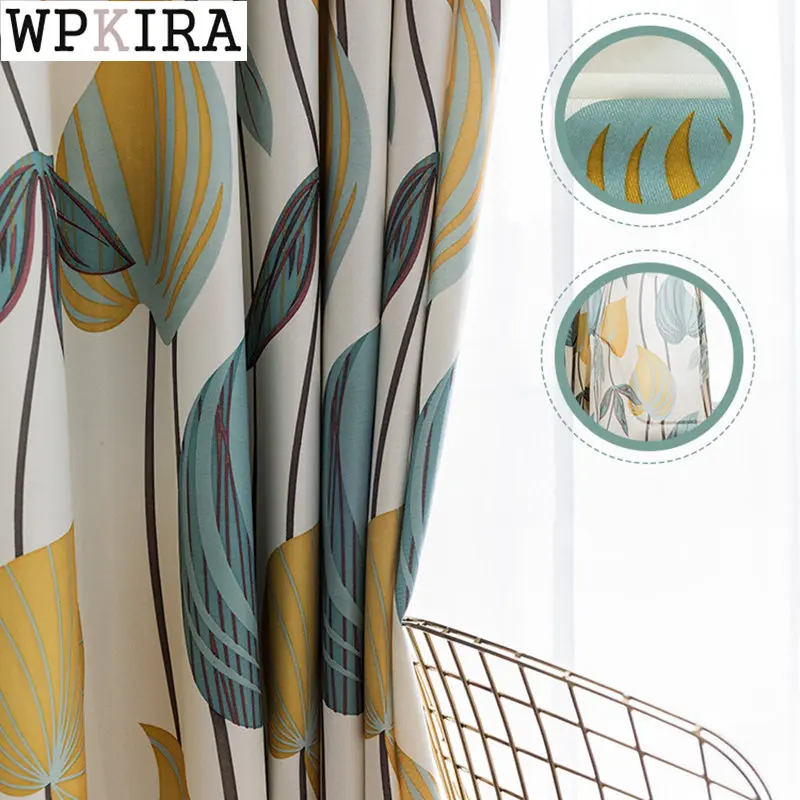

Nordic Yellow Blue Leaf Curtain for Living Room Printed Drape Blackout Bedroom Window Shade Sheer Fabric Home Decoration 068#E