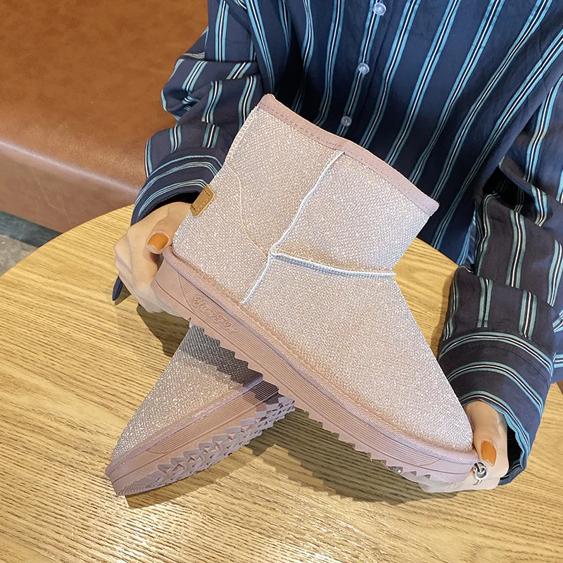 

Snow Boots Women Shoes Woman Crystal Shine Bling 2020 Sping New Fashion Warm Plush Thick Sole Flat Platform Boots Sequins Boots