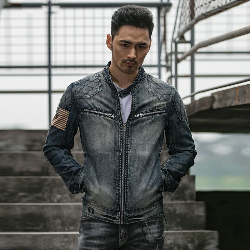 Мужская джинсовая куртка облегающая с американским флагом в стиле ретро A192 |