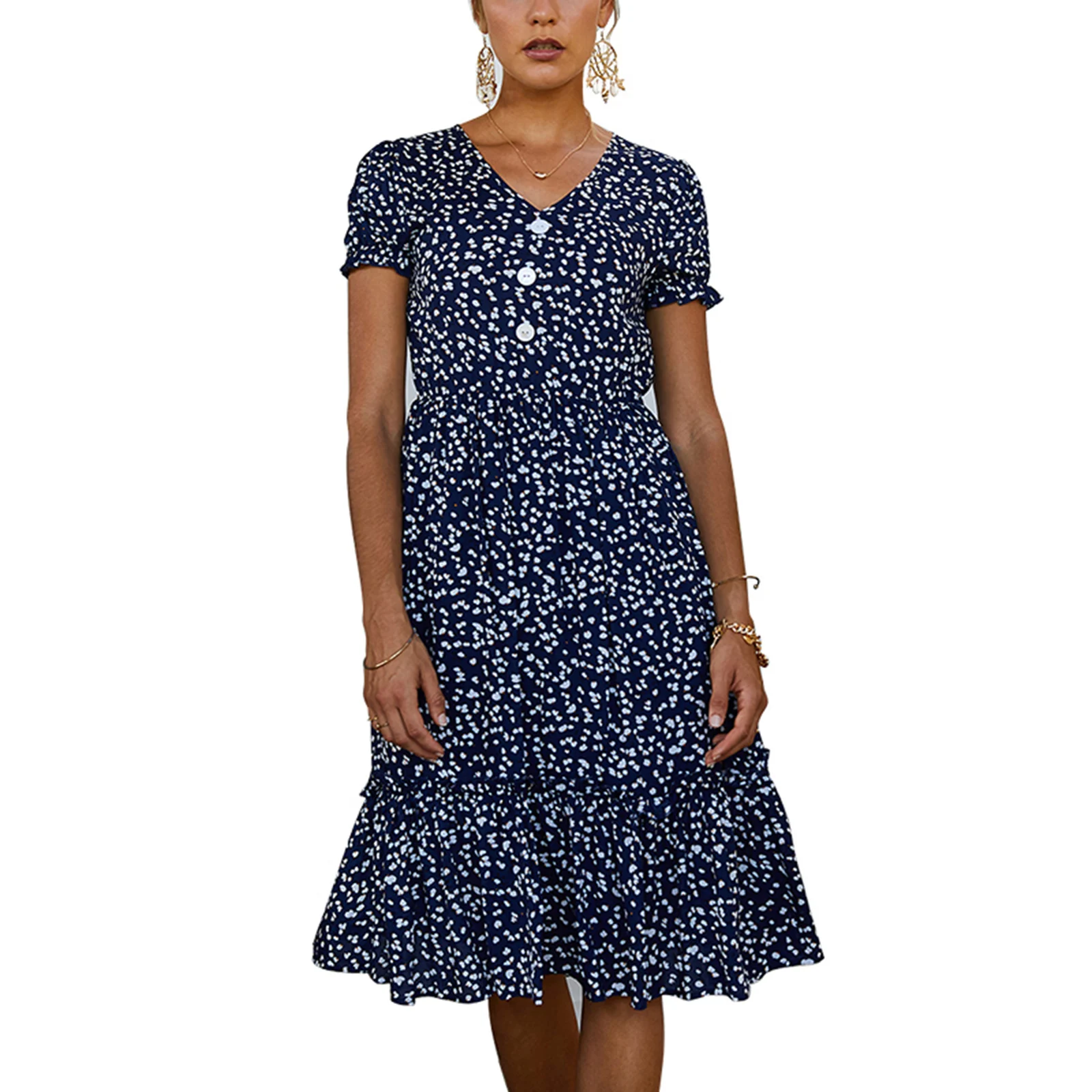 

Сексуальное женское платье с v-образным вырезом с коротким рукавом Кнопка печати платье трапециевидной формы летние женские модные пляжные...