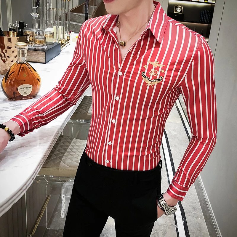 Модная Повседневная рубашка в полоску мужские рубашки с длинным рукавом
