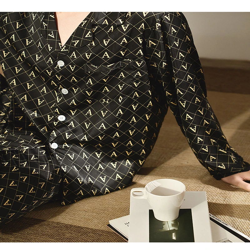 YAO TING Men's Pajamas Spring/Summer Satin Chiffon Long Sleeve Pantsuit Thin Print Home Wear