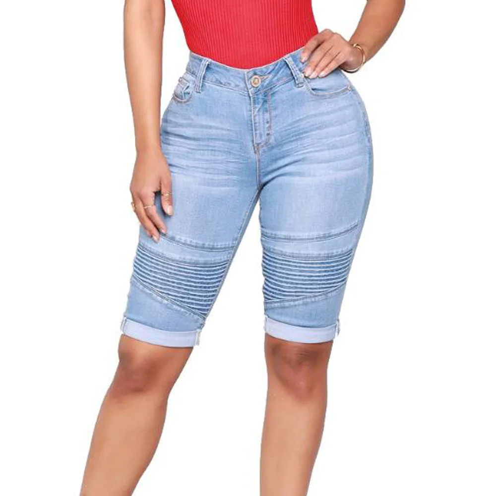 

2021 New Denim Bermuda Shorts For Women High Waist Blue Bodycon Jeans Shorts High Quality Knee Length Long Shorts Bermudas Mujer