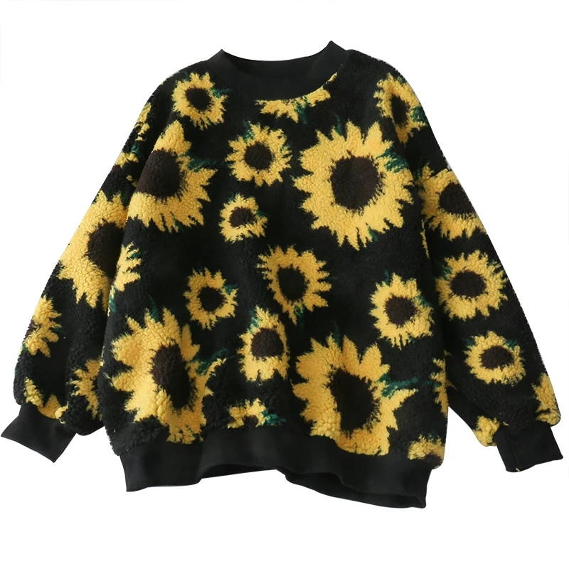 Корейские худи с подсолнухом из овечьей шерсти Женская толстовка круглым