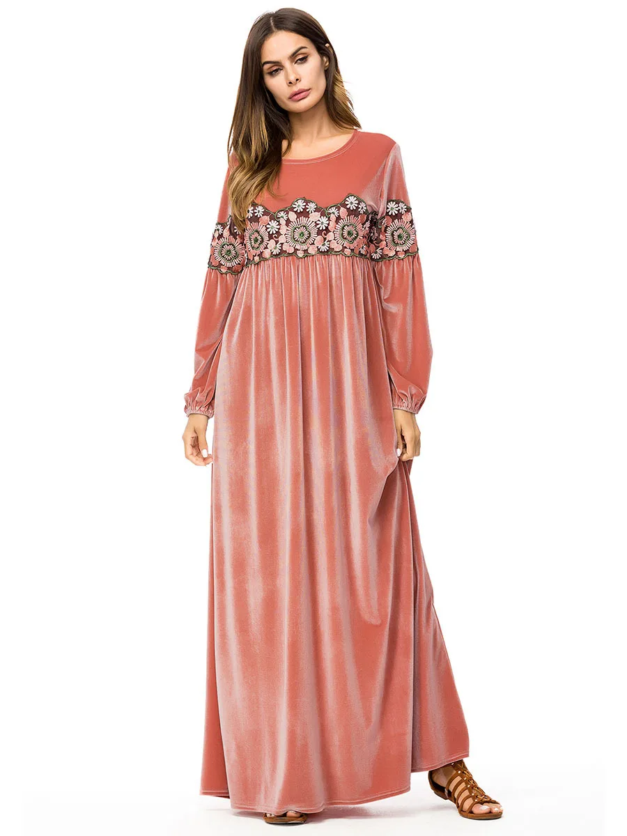 Винтаж бархатное платье с вышивкой Для женщин Абая для мусульман длинное