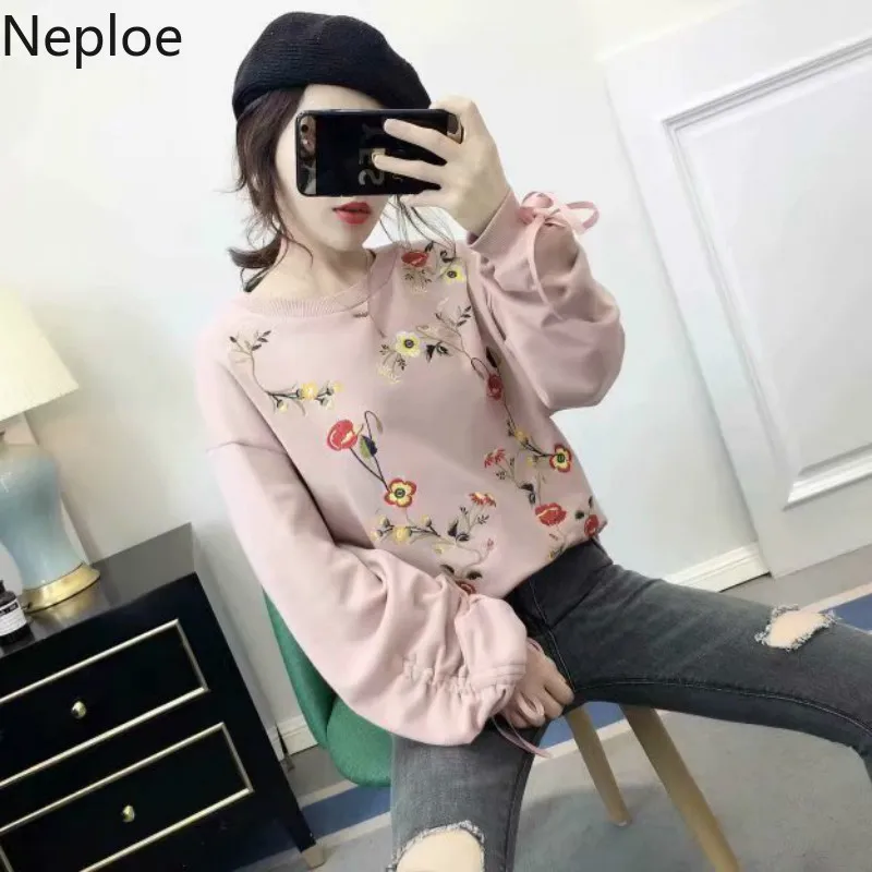 Neploe Корейская Милая Цветочная вышивка толстовки с круглым вырезом длинными