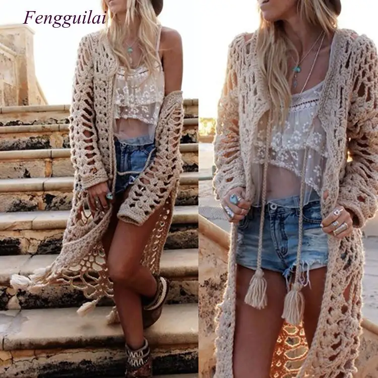 Богемский длинный вязаный кардиган ручной работы крупный крючок цветы шерсть