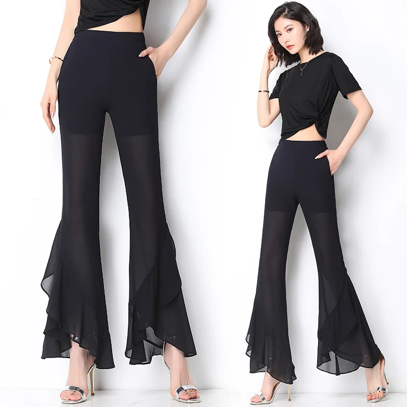 

Flare Pants Elegant Summer New Women's Trousers Ruffles Chiffon Length Semi-sheer Elastic Waist Bell Bottom Casual Female